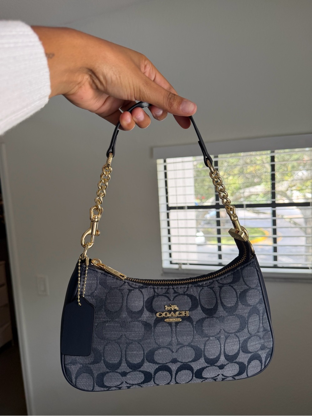 Coach Navy and Black Signature Mini Shoulder Bag with Gold Hardware
